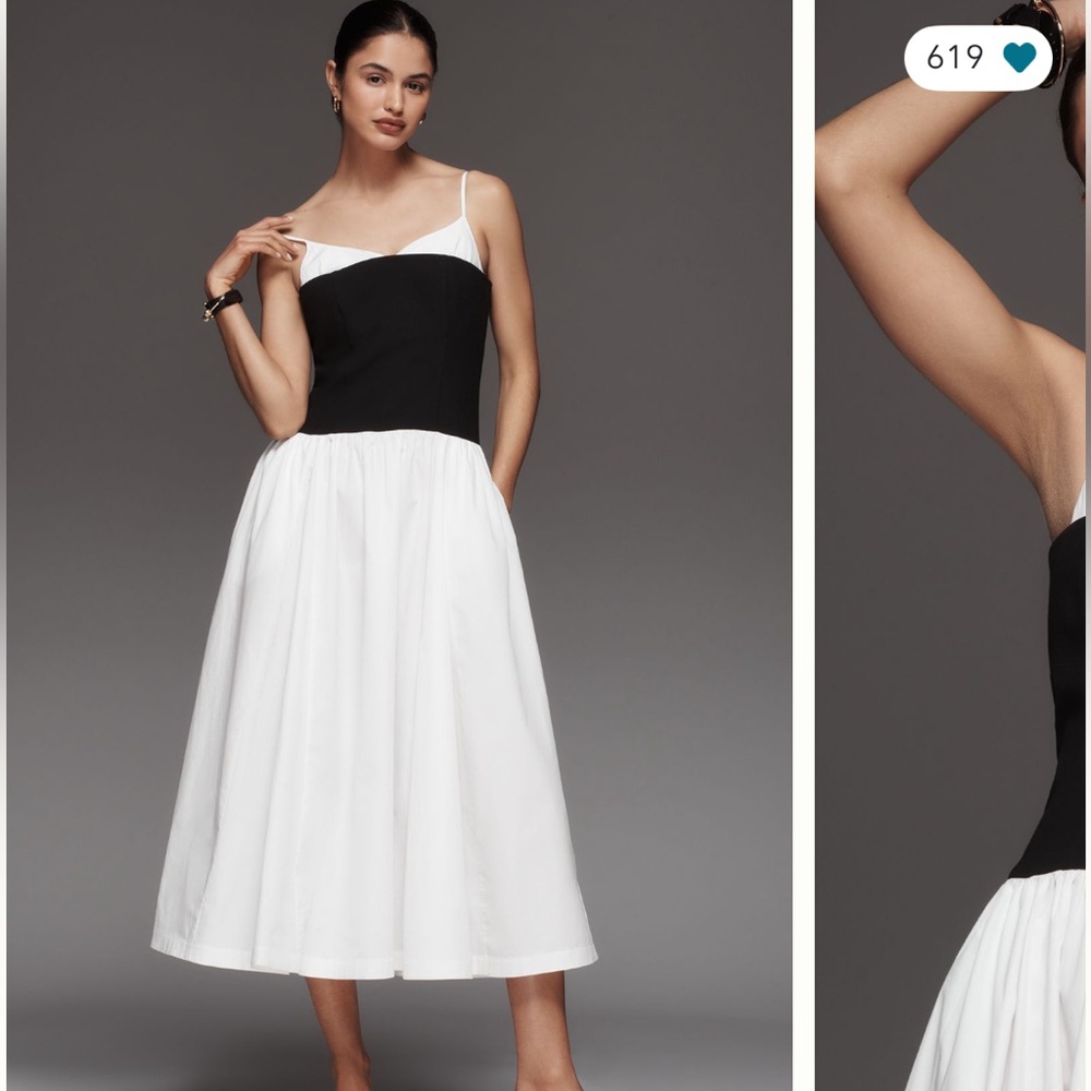 Anthropologie Black and White Asymmetrical Pleated Midi Sundress